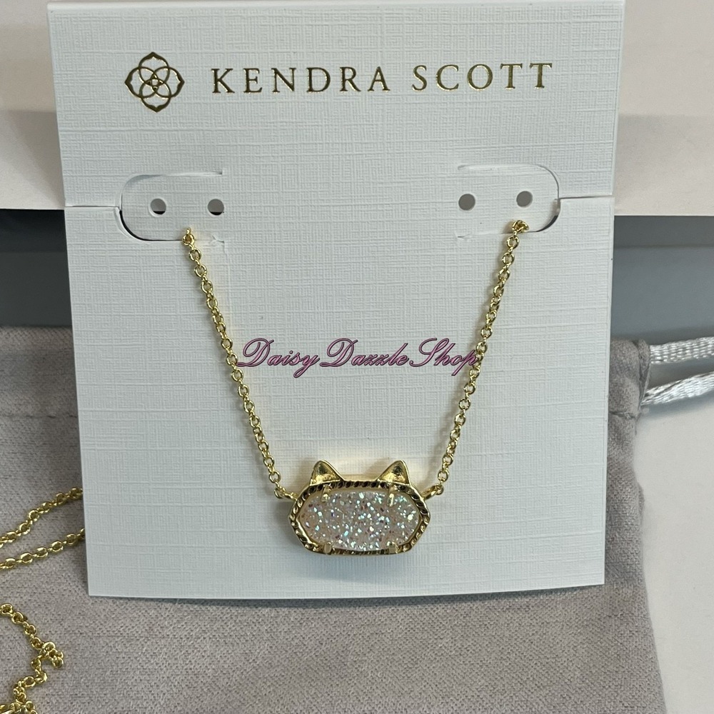 🤍✨Kendra Scott Elisa Cat Pendant Necklace‎ Iridescent Drusy Gold New 🐈